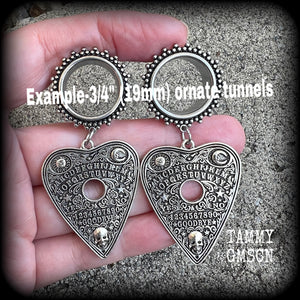 Ouija board jewelry Planchette earrings Spooky tunnel earrings Halloween gauged earrings 3/4" tunnel dangles 19mm tunnel earrings Body jewelry Stretched ears Gauged ears 6mm 8mm 10mm 12mm 14mm 16mm 19mm 22mm 25mm 28mm 30mm ear gauges Plug gauges 