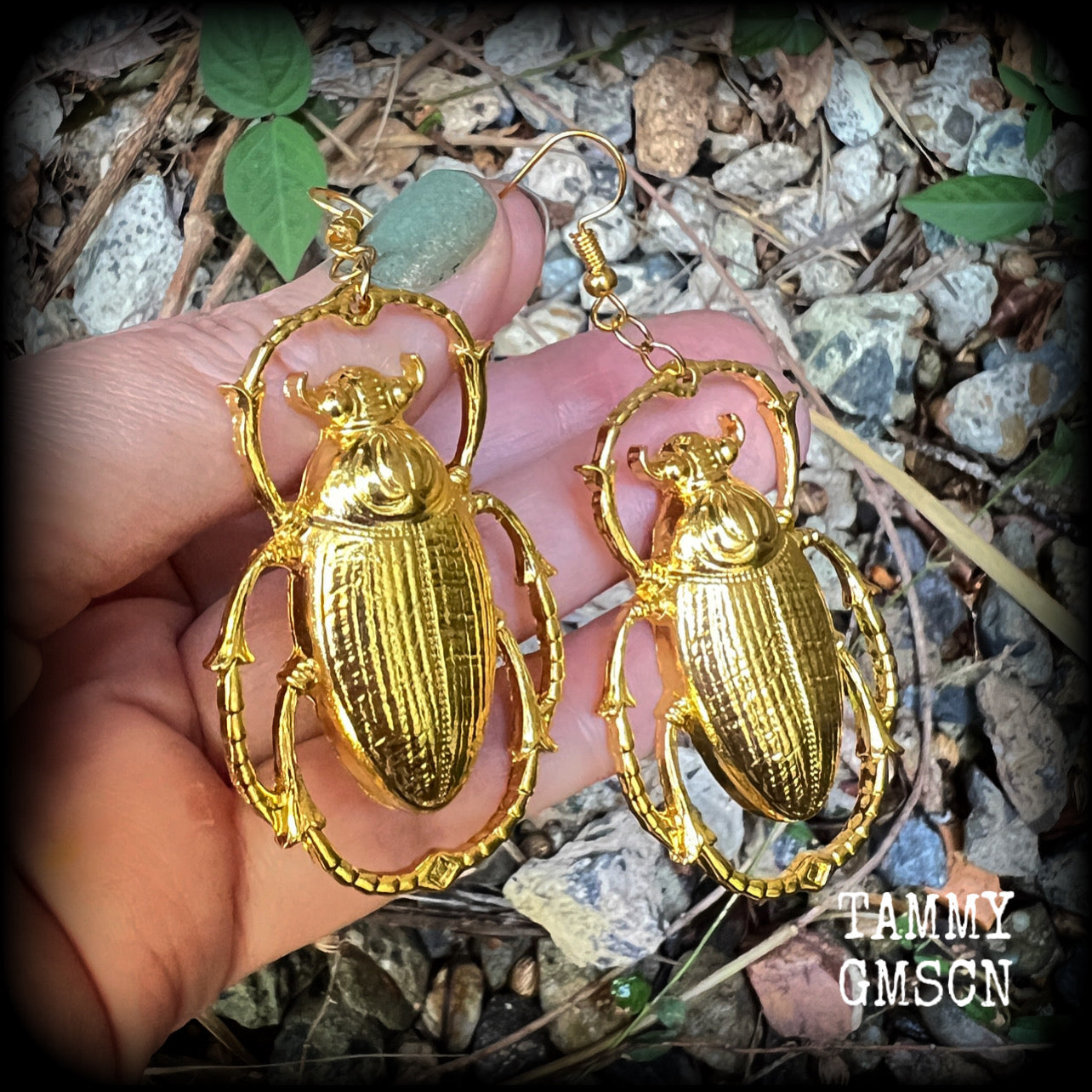 This is a pair of beautiful big antique gold scarab beetle earrings, made on french hooks for pierced ears. 