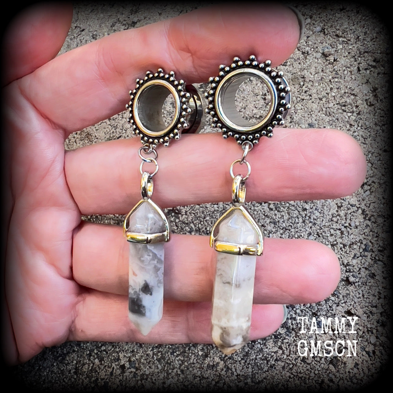 Ornate Lace agate tunnel dangles