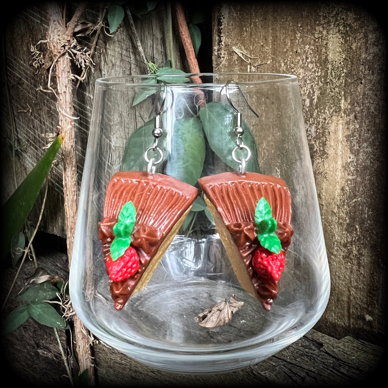 Chocolate cake earrings-Food jewelry