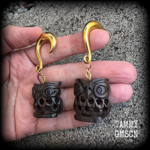 Owl earrings-Gauged earrings-Carved wood earrings