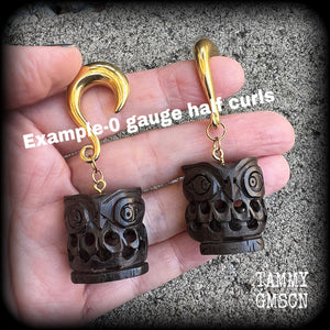 Owl earrings-Gauged earrings-Carved wood earrings