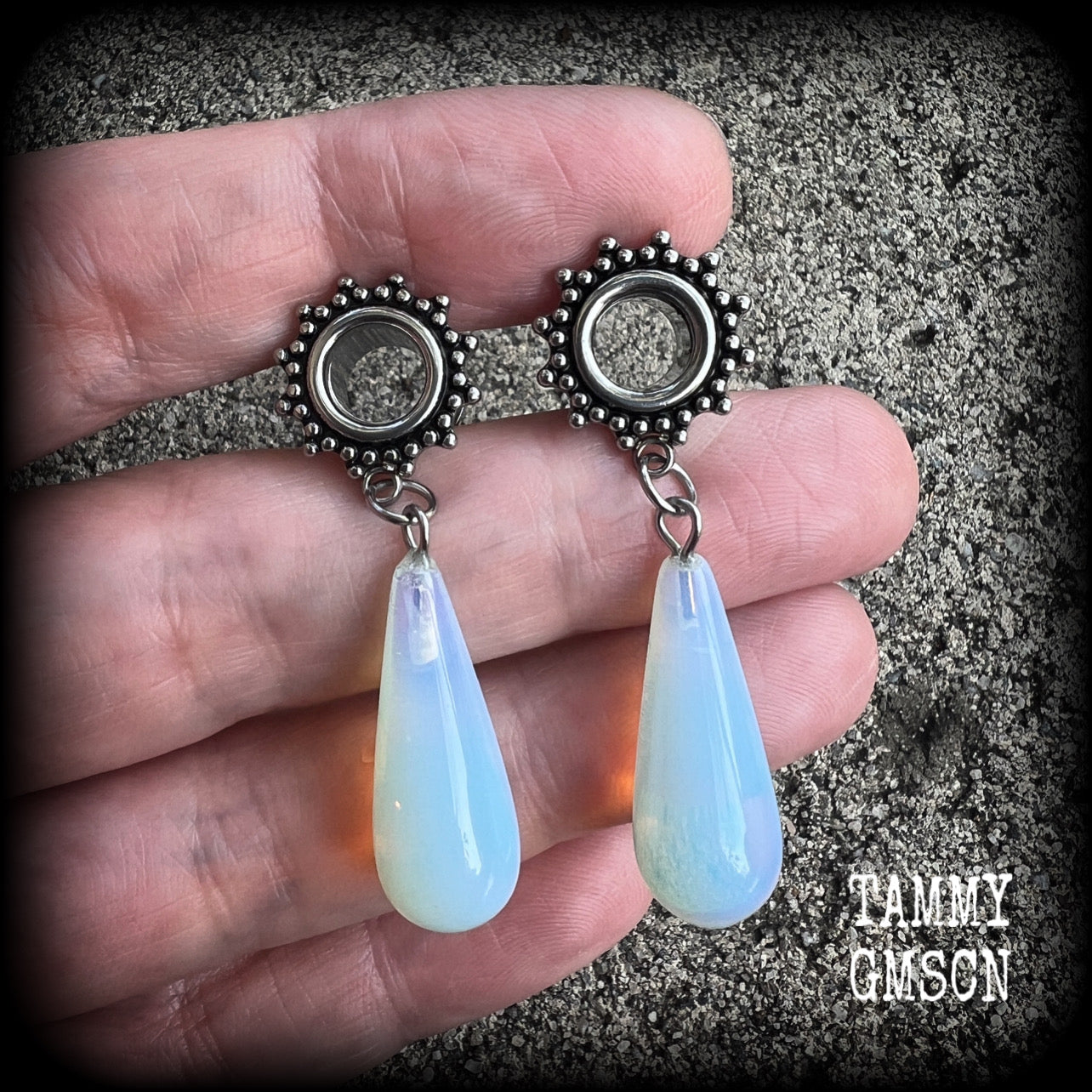 Ornate Opalite teardrop tunnel dangles