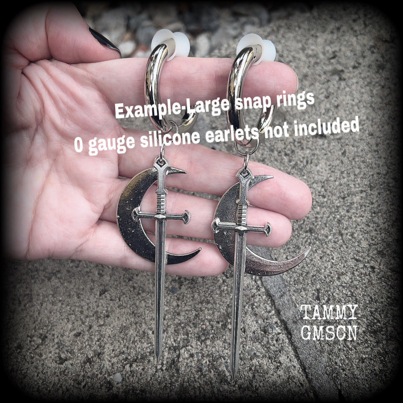 Sword and crescent moon gauged hoop earrings
