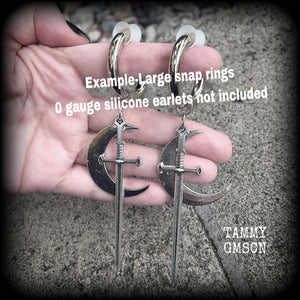 Sword and crescent moon gauged hoop earrings