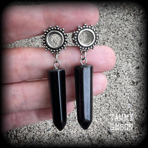 Ornate Obsidian gemstone tunnel dangles