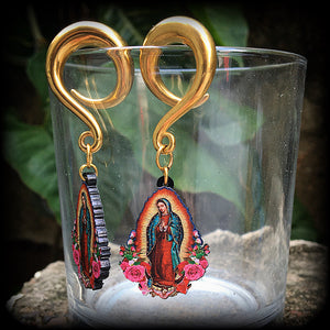 Lady of Guadalupe gauged earrings Sacred heart ear weights 2 gauge ear weights Ear hangers Body jewelry Religious jewelry Catholic jewellery Voodoo jewelry 4mm 6mm 8mm 10mm 12mm 14mm 16mm 19mm 22mm 25mm 28mm 30mm Stretched lobes Ear gauges Saints