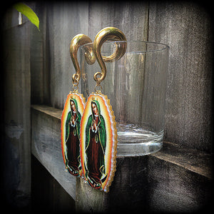 Catholic jewelry Lady of Guadalupe jewelry Lady of Guadalupe gauged earrings Sacred heart ear weights 00 gauge ear weights Ear hangers Body jewelry Religious jewelry Catholic jewellery Voodoo jewelry 4mm 6mm 8mm 10mm 12mm 14mm 16mm 19mm 22mm 25mm 28mm 30mm Stretched lobes Ear gauges Saints