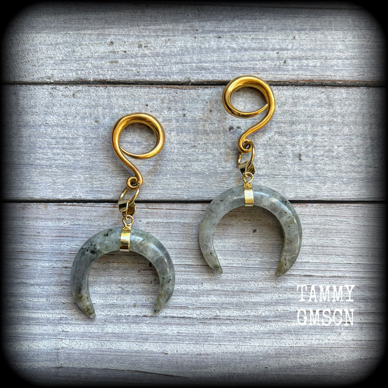 Labradorite crescent moon gauged earrings