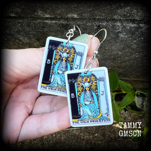 These classic Major Arcana earrings feature lightweight acrylic 'High Priestess' tarot card charms, measuring just under 6cms from tip to tip and weighing only a gram or two each.

This pair has been made with stainless steel french hooks, suitable for pierced ears.