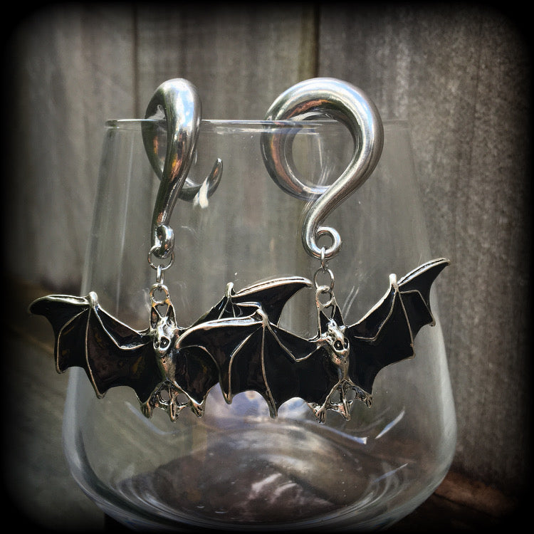 Black bat gauged earrings-Halloween jewelry