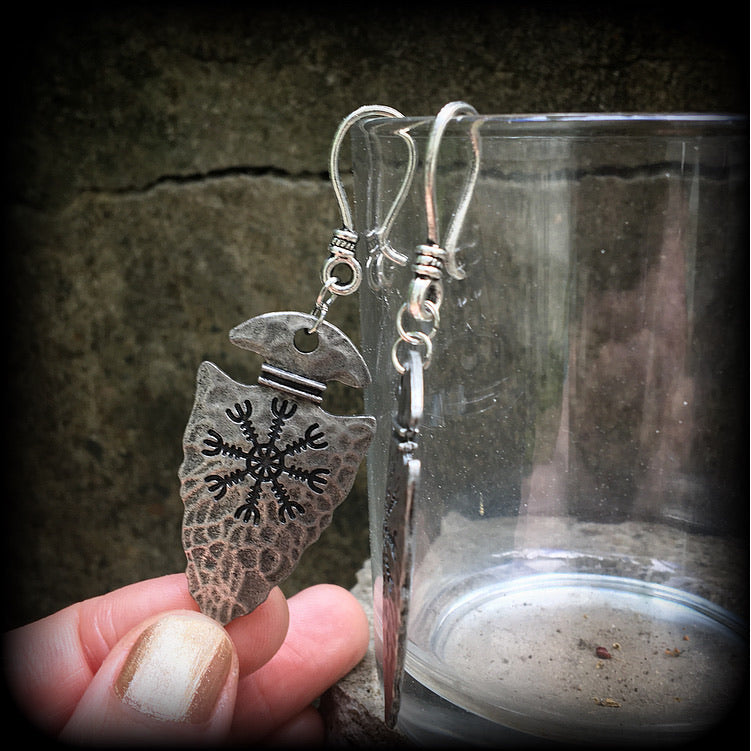 Viking earrings Helm of awe jewelry Arrowhead earrings Arrowhead ear weights Viking jewelry Viking ear weights Viking ear hangers Viking body jewelry Tribal jewelry Arrows Arrow earrings Celtic jewelry Celtic earrings Pierced ears Gauged ears Ear gauges Tunnels