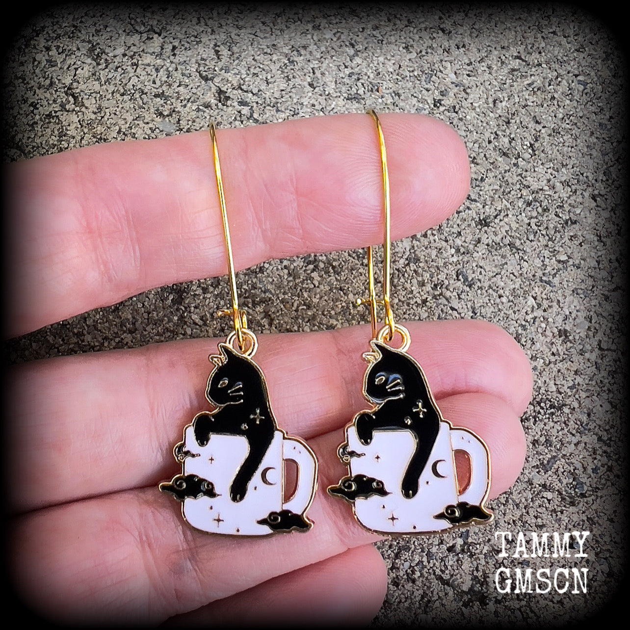 Black cat and coffee cup earrings