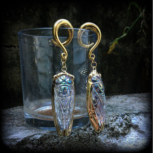 Clear quartz cicada gauged earrings-Insect ear weights