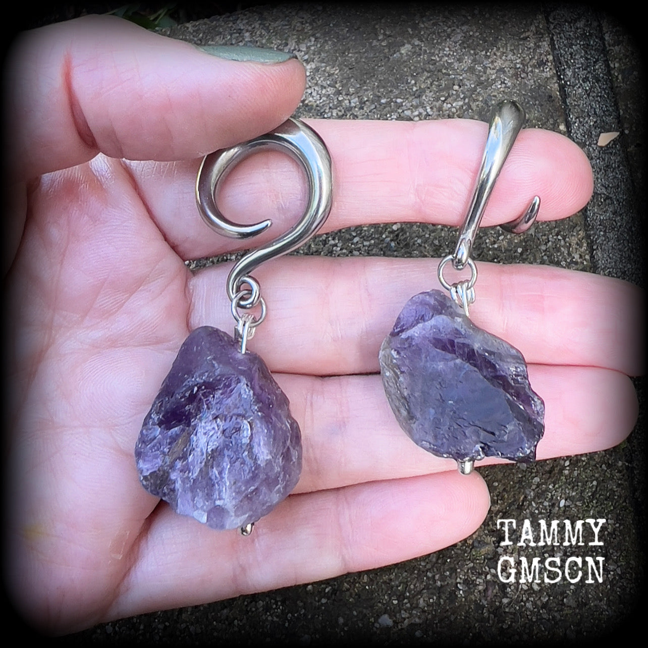 Raw amethyst gauged earrings