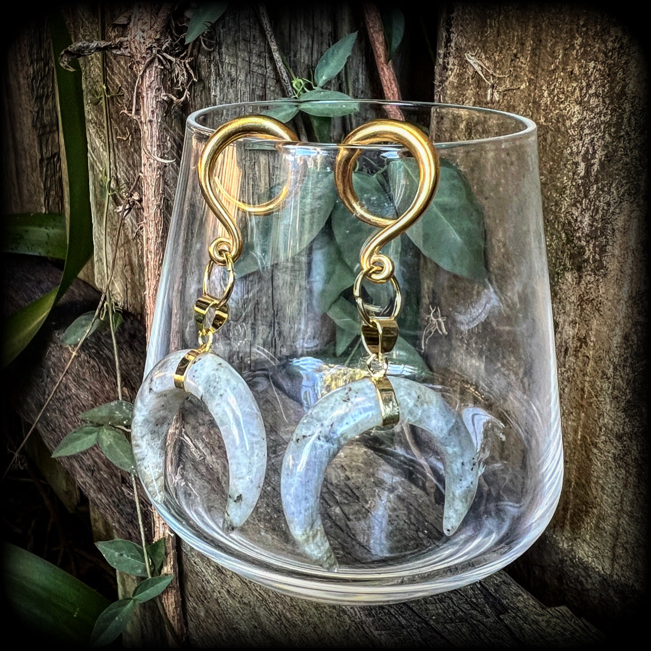 Labradorite crescent moon gauged earrings