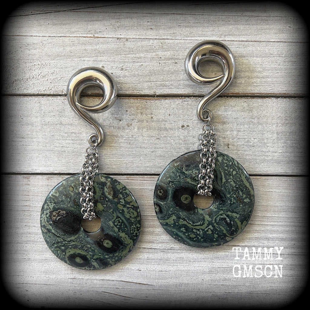 Kambaba jasper gauged earrings-Fossil ear weights