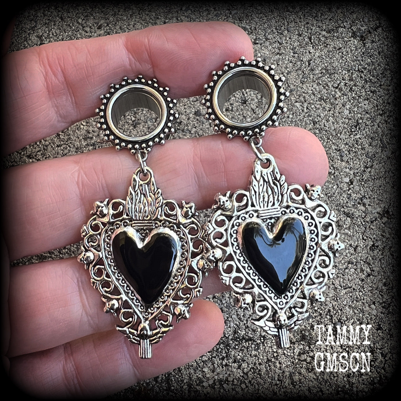 Black sacred heart tunnel earrings with cherbus and filigree details available on a range of different style tunnels from 6mm to 25mm