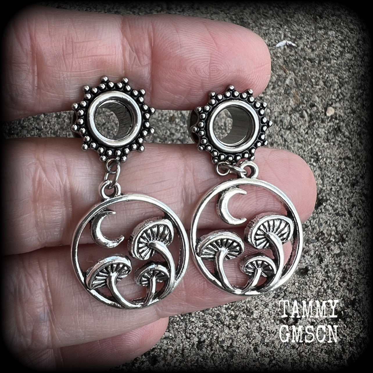 Mushroom and crescent moon boho tunnel earrings