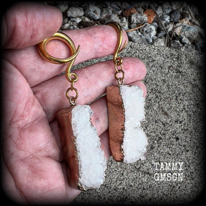 Measuring just 7.5 cms from tip to tip, and weighing approx 13 grams each, these gorgeous rustic white druzy and antique gold earrings have been made on 6 gauge (4mm) titanium coated surgical steel full curl hooks, to be worn in stretched lobes.