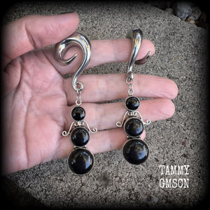 Obsidian ear weights Black obsidian ear hangers Gemstone ear gauges Boho body jewelry Gothic earrings Ear jewellery 00 gauge ear weights 10mm earrings Stretched lobes Stretched ears Pierced ears Gauged earrings