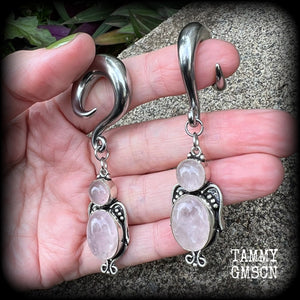 Rose quartz gauged earrings-Gemstone ear weights