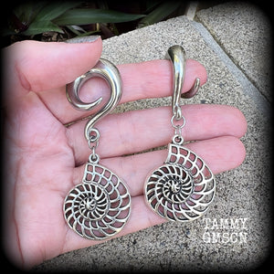 Fibonacci spiral gauged earrings-Nautilus ear hangers