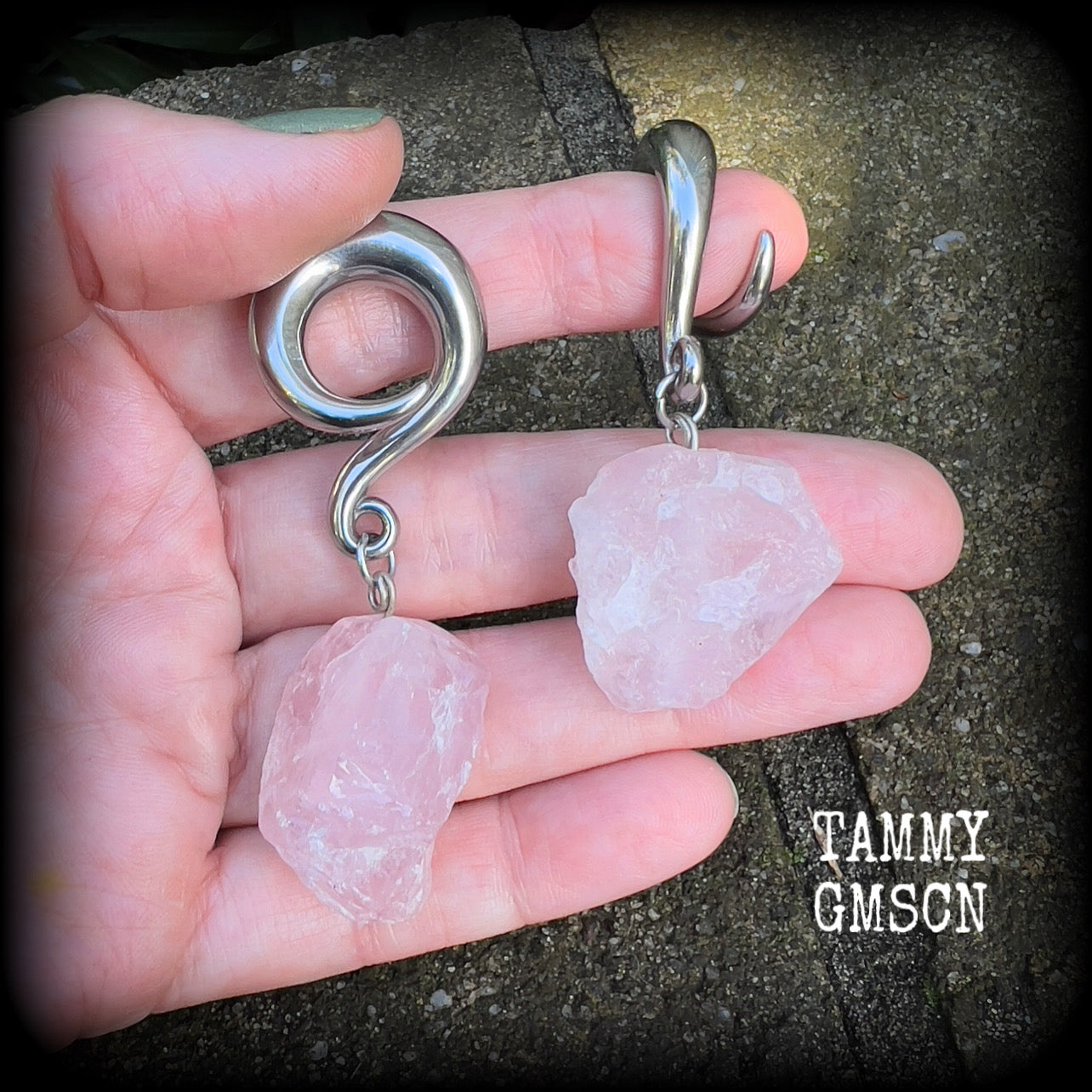 Raw Rose quartz gauged earrings