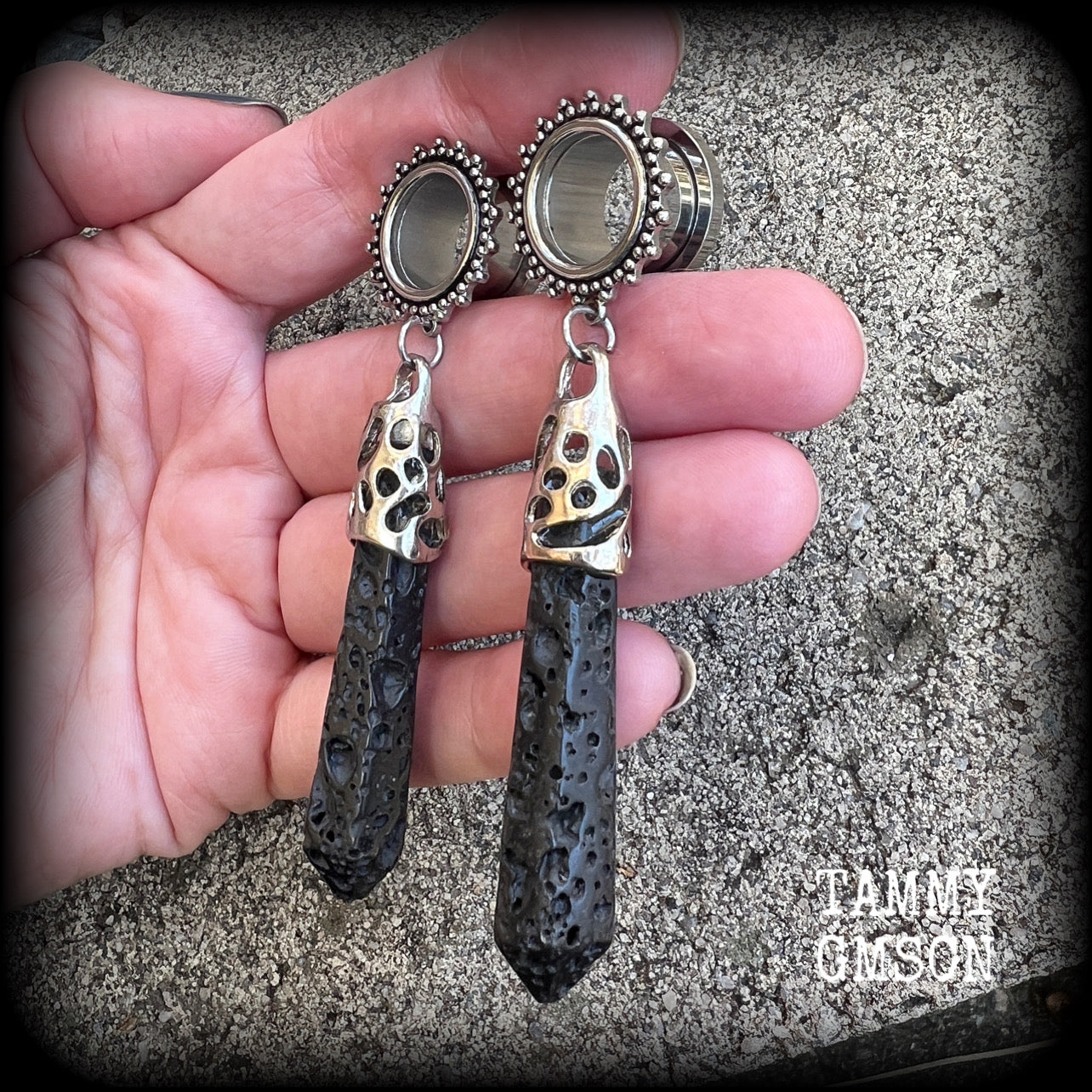 Ornate Volcanic lava rock tunnel earrings