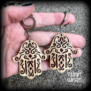 Hamsa hand gauged earrings-Carved wood earrings