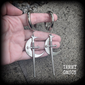 Sword and crescent moon gauged hoop earrings