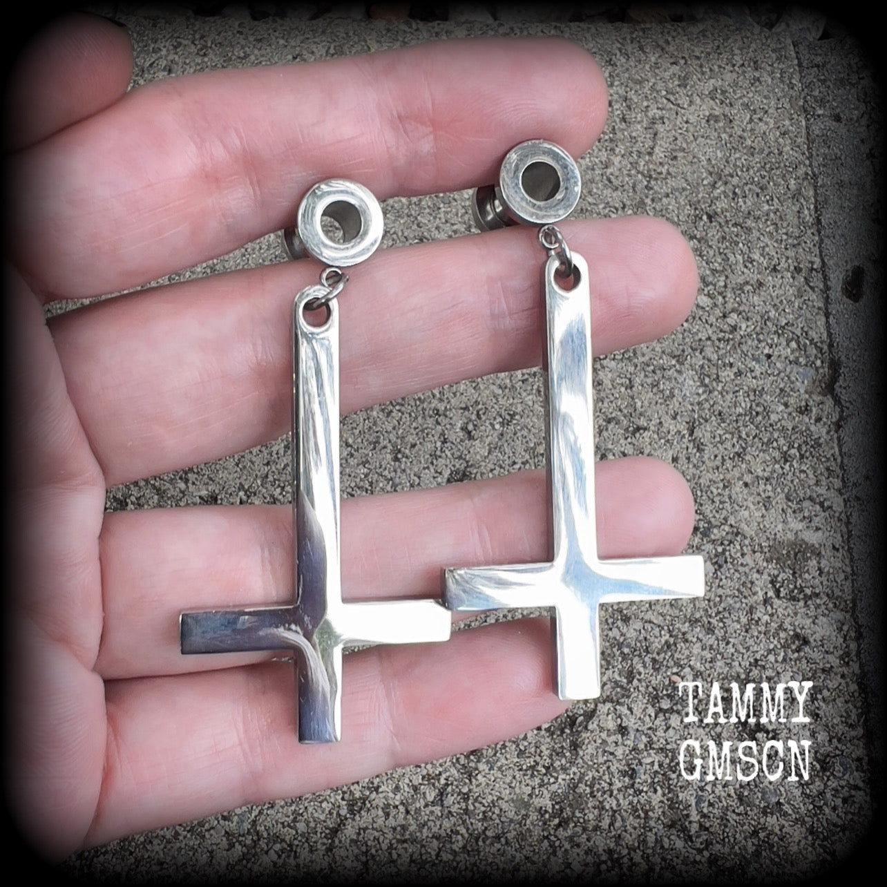 Inverted cross tunnel earrings-Satanic jewelry