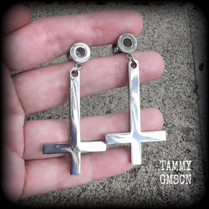 Inverted cross tunnel earrings-Satanic jewelry