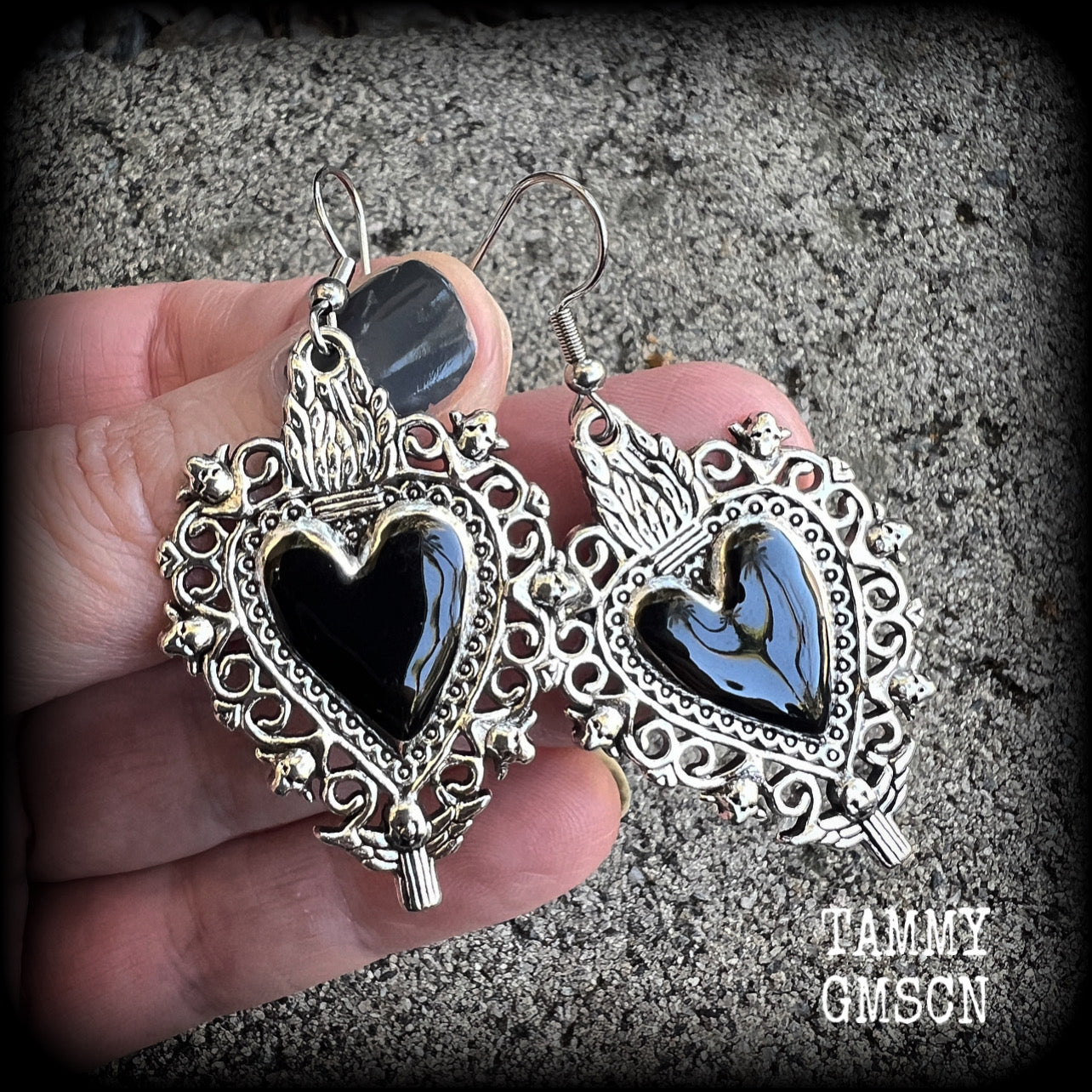 Sacred heart earrings Black heart earrings Milagros heart jewelry Flaming heart earrings Punk earrings Pierced ears Ear gauges Body jewelry Angel earrings Punk jewelry Punk girl Emo jewelry Stocking stuffers Gifts for her Los Muertos Day of the Dead