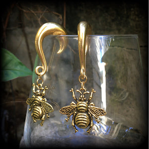 Antique gold bee gauged earrings-Insect ear weights