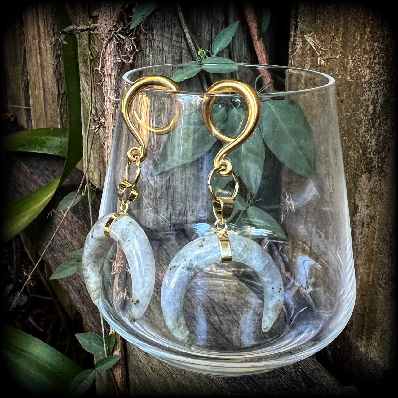 Labradorite crescent moon gauged earrings