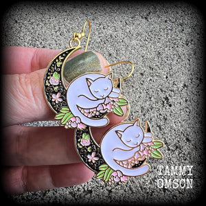 Cat and crescent moon earrings