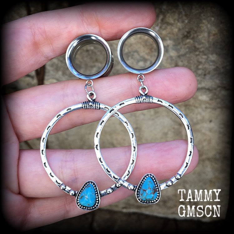 Turquoise tunnel earrings Turquoise earrings Tunnel hoops Boho tunnel dangles gauged earrings Ear guages Stretched lobes -2 gauge/6mm 
-0 gauge/8mm 
-00 gauge/10mm 
-1/2" gauge/12mm 
-9/16" gauge/14mm 
-5/8" gauge/16mm 
-3/4" gauge/19mm
-7/8" gauge/22mm
-1" gauge/25mm