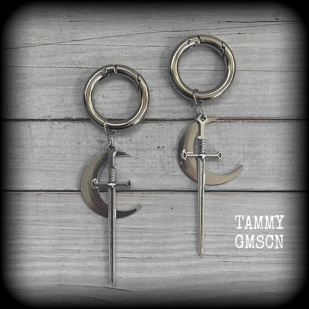 Sword and crescent moon gauged hoop earrings