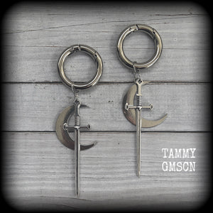 Sword and crescent moon gauged hoop earrings