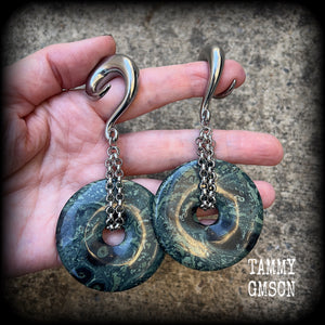 Kambaba jasper gauged earrings-Fossil ear weights