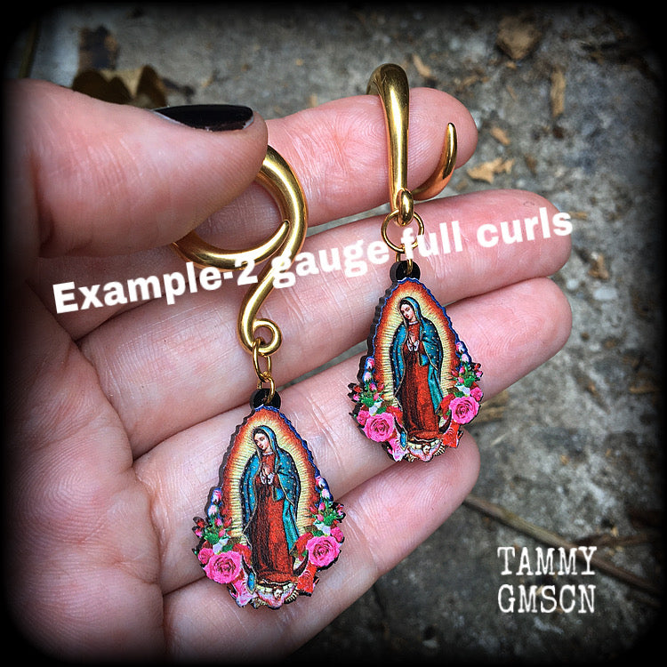 Lady of Guadalupe gauged earrings Sacred heart ear weights 2 gauge ear weights Ear hangers Body jewelry Religious jewelry Catholic jewellery Voodoo jewelry 4mm 6mm 8mm 10mm 12mm 14mm 16mm 19mm 22mm 25mm 28mm 30mm Stretched lobes Ear gauges Saints