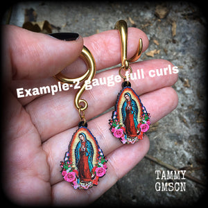 Lady of Guadalupe gauged earrings Sacred heart ear weights 2 gauge ear weights Ear hangers Body jewelry Religious jewelry Catholic jewellery Voodoo jewelry 4mm 6mm 8mm 10mm 12mm 14mm 16mm 19mm 22mm 25mm 28mm 30mm Stretched lobes Ear gauges Saints