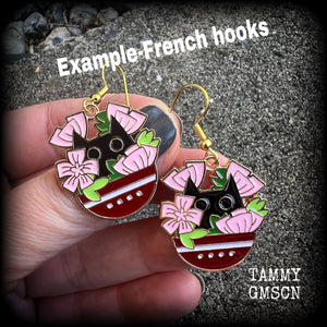 Black cat and pink flowers earrings