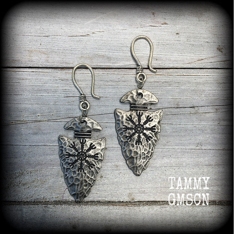 Helm of awe ear hangers Helm of awe jewelry Arrowhead earrings Arrowhead ear weights Viking jewelry Viking ear weights Viking ear hangers Viking body jewelry Tribal jewelry Arrows Arrow earrings Celtic jewelry Celtic earrings Pierced ears Gauged ears Ear gauges Tunnels