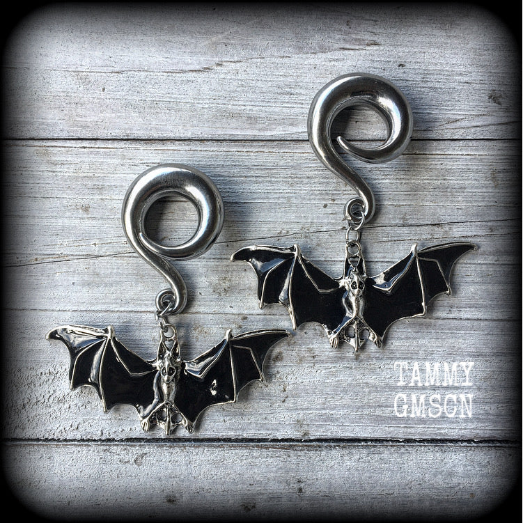 Black bat gauged earrings-Halloween jewelry