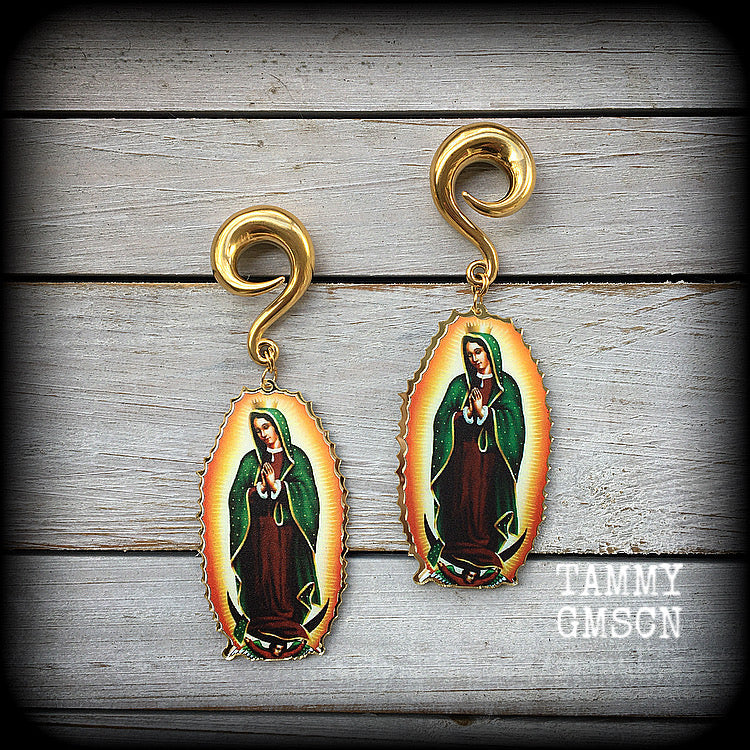 Lady of Guadalupe jewelry Lady of Guadalupe gauged earrings Sacred heart ear weights 00 gauge ear weights Ear hangers Body jewelry Religious jewelry Catholic jewellery Voodoo jewelry 4mm 6mm 8mm 10mm 12mm 14mm 16mm 19mm 22mm 25mm 28mm 30mm Stretched lobes Ear gauges Saints