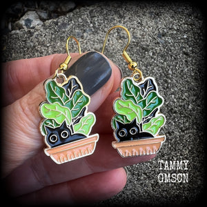 Black cat and pot plant earrings