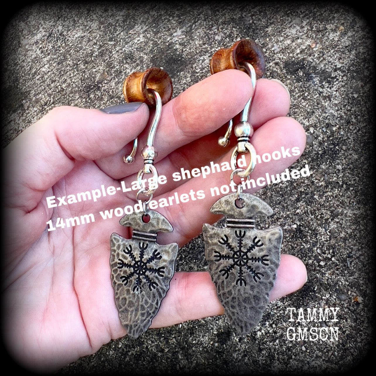 2 gauge ear hangers Helm of awe jewelry Arrowhead earrings Arrowhead ear weights Viking jewelry Viking ear weights Viking ear hangers Viking body jewelry Tribal jewelry Arrows Arrow earrings Celtic jewelry Celtic earrings Pierced ears Gauged ears Ear gauges Tunnels