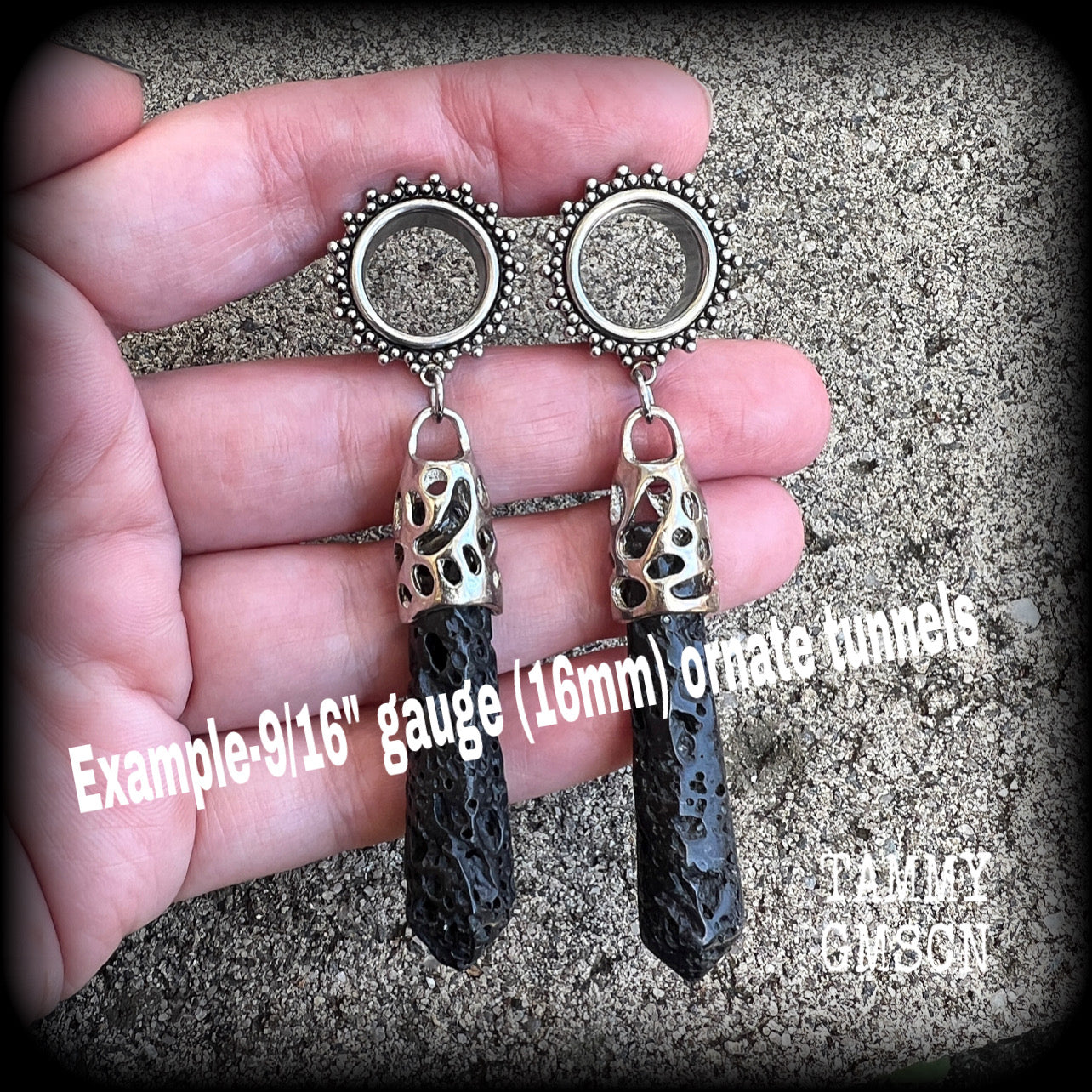 Ornate Volcanic lava rock tunnel earrings